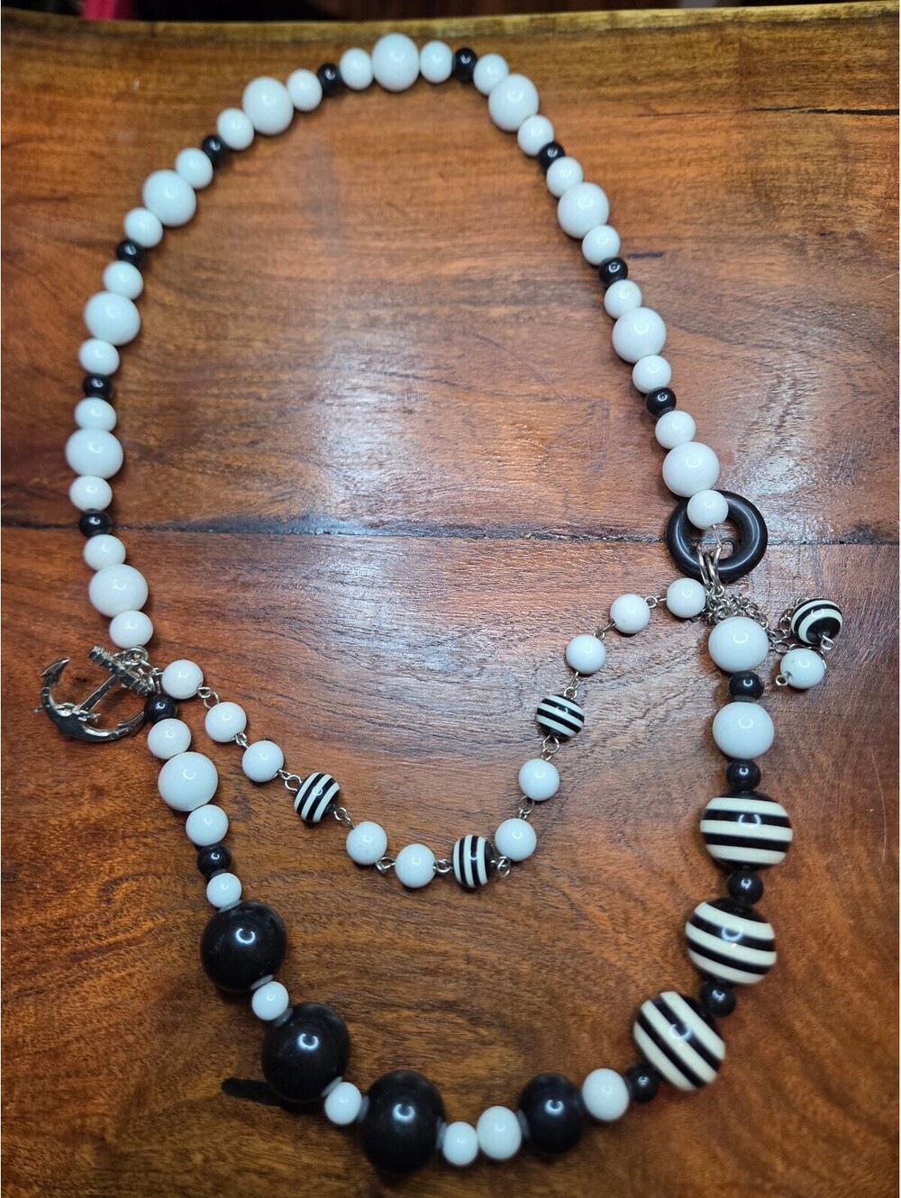 Black and White Beaded Necklace with Anchor Charm